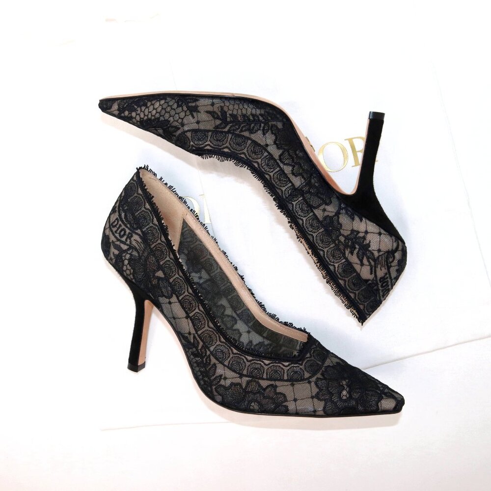 Christian Dior 37.5 Capture Illusion Roses Lace Ember Black Stiletto Heels - Picture 5 of 16